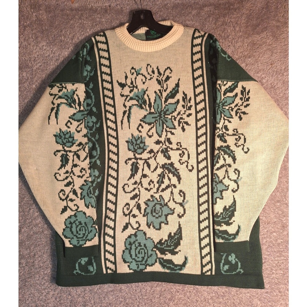Emerald Isle Vintage Floral Knit Sweater Made in Ireland XL Green Cream Bohemian